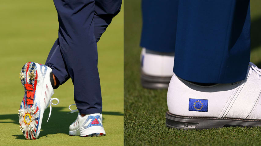 Collin Morikawa's Adidas shoes (left) and European vice captain Edoardo Molinari's FootJoy shoes (right). (Getty Images)