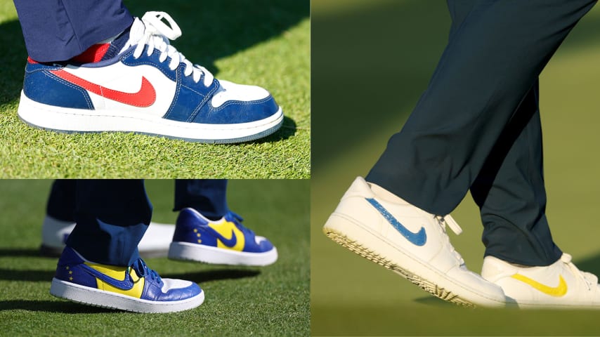 U.S. Captain Zach Johnson's Nike shoes (top left), European Captain Luke Donald's Nike shoes (bottom left) and Justin Rose's Nike shoes (right). (Getty Images) 