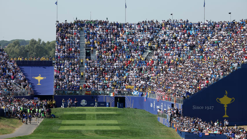 Rory McIlroy of Team Europe tees off on the first hole during the Sunday Singles matches of the 2023 Ryder Cup at Marco Simone Golf & Country Club, Rome, Italy. (Jamie Squire/Getty Images)