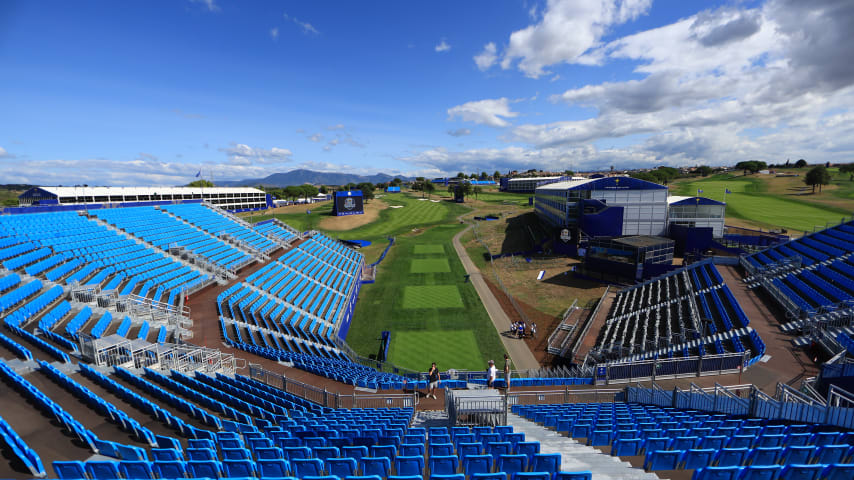 ROME, ITALY - SEPTEMBER 25: A general view of the first grandstand prior to the 2023 Ryder Cup at Marco Simone Golf Club on September 25, 2023 in Rome, Italy. (Photo by Mike Ehrmann/Getty Images)