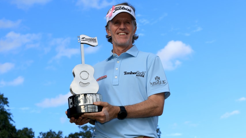 JACKSONVILLE, FLORIDA - OCTOBER 08: Brett Quigley poses with the trophy after winning the Constellation FURYK & FRIENDS presented by Circle K at Timuquana Country Club on October 08, 2023 in Jacksonville, Florida. (Photo by Sam Greenwood/Getty Images)