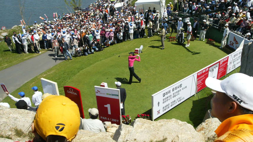 Michelle Wie West made history in 2006 with her first cut in a men's event on a three-under-par 69 in the second round of the SK Telecom Open. She became the first woman since Babe Didrikson Zaharias in 1945 to make the cut on a men's international tour. (Chung Sung-Jun/Getty Images)