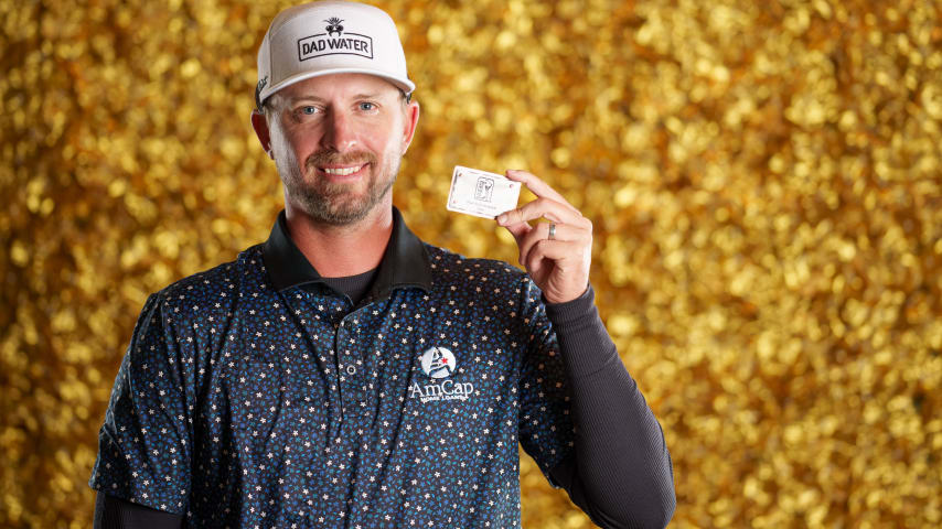 NEWBURGH, INDIANA - OCTOBER 08: Roger Sloan poses for a photo at a studio shoot during the Korn Ferry Tour Championship presented by United Leasing and Finance at Victoria National Golf Club on October 8, 2023 in Newburgh, Indiana. (Photo by Andrew Wevers/PGA TOUR)