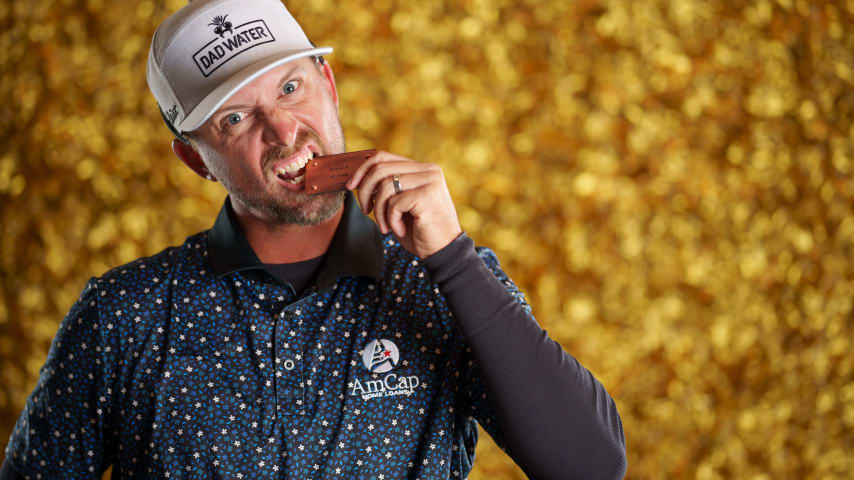 NEWBURGH, INDIANA - OCTOBER 08: Roger Sloan poses for a photo at a studio shoot during the Korn Ferry Tour Championship presented by United Leasing and Finance at Victoria National Golf Club on October 8, 2023 in Newburgh, Indiana. (Photo by Andrew Wevers/PGA TOUR)