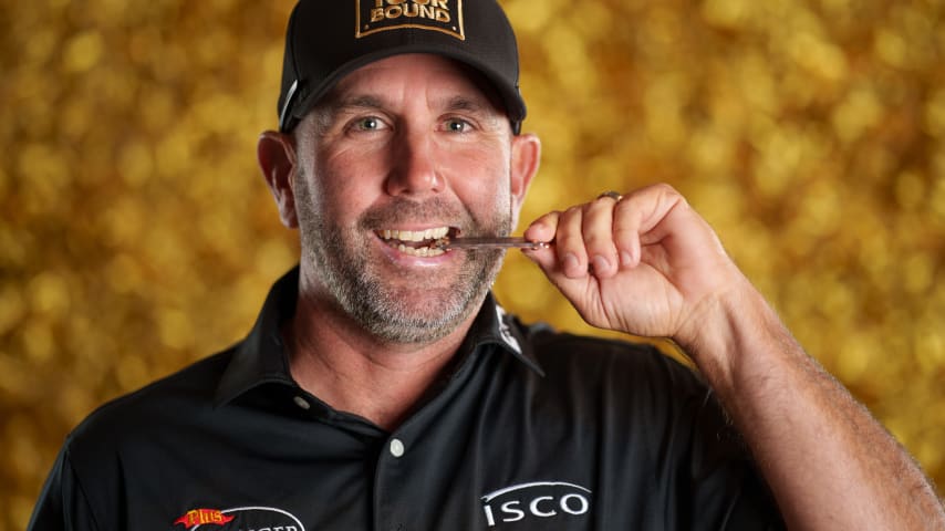 NEWBURGH, INDIANA - OCTOBER 08: Josh Teater poses for a photo at a studio shoot during the Korn Ferry Tour Championship presented by United Leasing and Finance at Victoria National Golf Club on October 8, 2023 in Newburgh, Indiana. (Photo by Andrew Wevers/PGA TOUR)