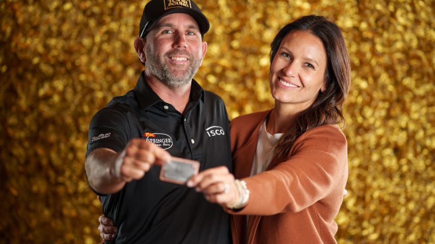 NEWBURGH, INDIANA - OCTOBER 08: Josh Teater poses for a photo at a studio shoot during the Korn Ferry Tour Championship presented by United Leasing and Finance at Victoria National Golf Club on October 8, 2023 in Newburgh, Indiana. (Photo by Andrew Wevers/PGA TOUR)