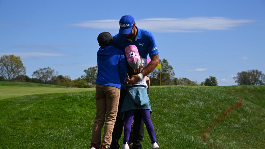 NEWBURGH, INDIANA - OCTOBER 08: Tom Whitney celebrates being TOURBound with his kids on the ninth hole during the final round of the Korn Ferry Tour Championship presented by United Leasing and Financing at Victoria National Golf Club on October 8, 2023 in Newburgh, Indiana. (Photo by Jennifer Perez/PGA TOUR)