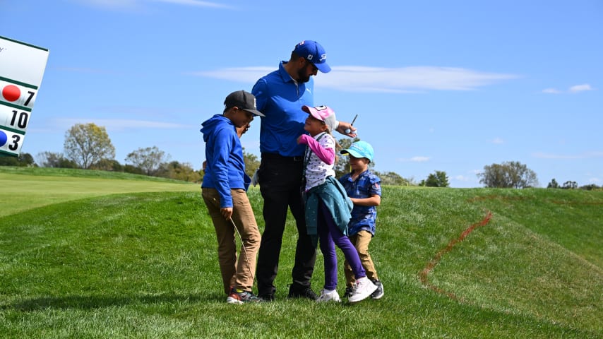 NEWBURGH, INDIANA - OCTOBER 08: Tom Whitney celebrates being TOURBound with his kids on the ninth hole during the final round of the Korn Ferry Tour Championship presented by United Leasing and Financing at Victoria National Golf Club on October 8, 2023 in Newburgh, Indiana. (Photo by Jennifer Perez/PGA TOUR)