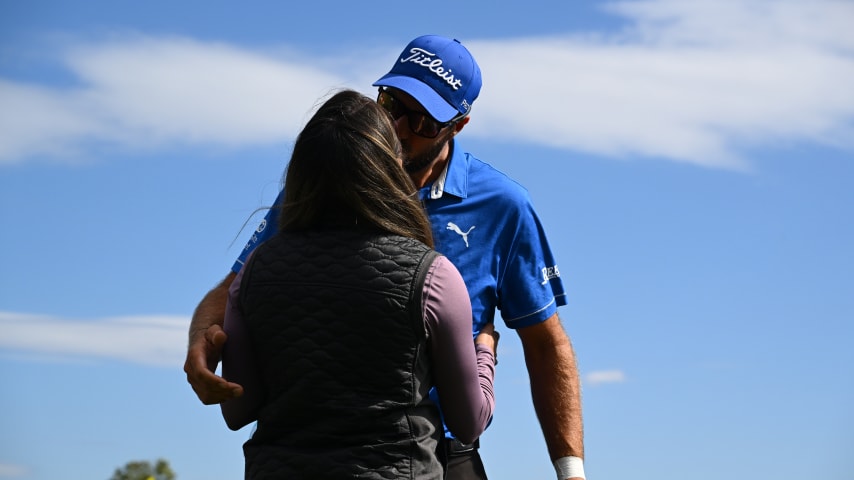 NEWBURGH, INDIANA - OCTOBER 08: Tom Whitney celebrates being TOURBound with his wife on the ninth hole during the final round of the Korn Ferry Tour Championship presented by United Leasing and Financing at Victoria National Golf Club on October 8, 2023 in Newburgh, Indiana. (Photo by Jennifer Perez/PGA TOUR)