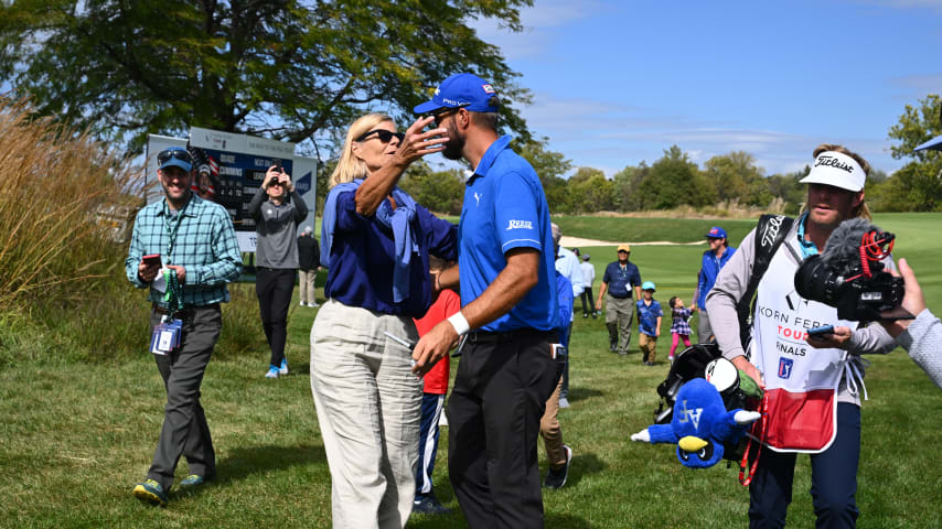 NEWBURGH, INDIANA - OCTOBER 08: Tom Whitney celebrates being TOURBound with his family on the ninth hole during the final round of the Korn Ferry Tour Championship presented by United Leasing and Financing at Victoria National Golf Club on October 8, 2023 in Newburgh, Indiana. (Photo by Jennifer Perez/PGA TOUR)