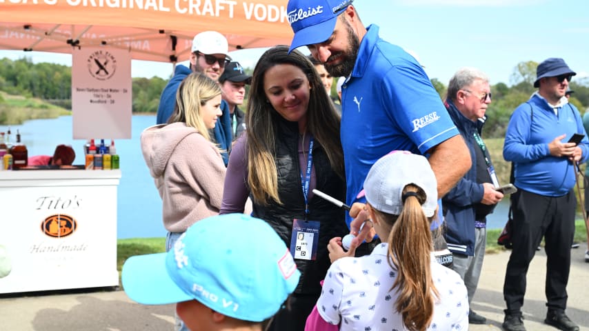 NEWBURGH, INDIANA - OCTOBER 08: Tom Whitney is seen with his family outside the clubhouse during the final round of the Korn Ferry Tour Championship presented by United Leasing and Financing at Victoria National Golf Club on October 8, 2023 in Newburgh, Indiana. (Photo by Jennifer Perez/PGA TOUR)