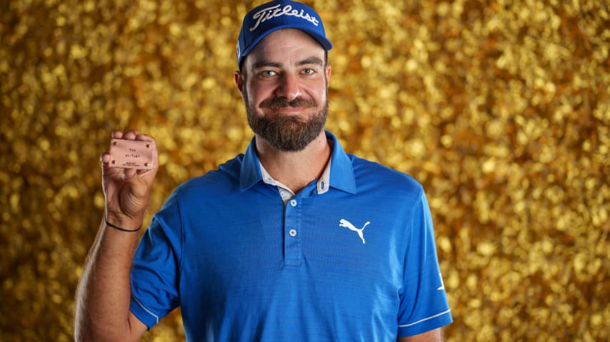 NEWBURGH, INDIANA - OCTOBER 08: Tom Whitney poses for a photo at a studio shoot during the Korn Ferry Tour Championship presented by United Leasing and Finance at Victoria National Golf Club on October 8, 2023 in Newburgh, Indiana. (Photo by Andrew Wevers/PGA TOUR)