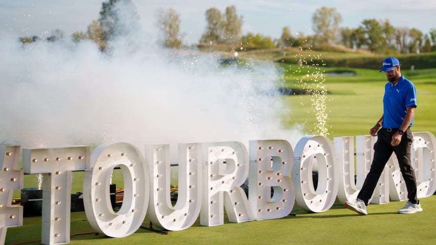 NEWBURGH, INDIANA - OCTOBER 08: Tom Whitney of the United States walks during the TOUR Card ceremony after the final round of the Korn Ferry Tour Championship presented by United Leasing and Finance at Victoria National Golf Club on October 8, 2023 in Newburgh, Indiana. (Photo by Andrew Wevers/PGA TOUR)