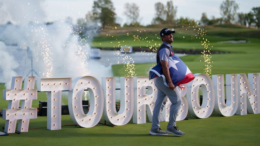 NEWBURGH, INDIANA - OCTOBER 08: Rafael Campos of Puerto Rico walks during the TOUR Card ceremony after the final round of the Korn Ferry Tour Championship presented by United Leasing and Finance at Victoria National Golf Club on October 8, 2023 in Newburgh, Indiana. (Photo by Andrew Wevers/PGA TOUR)