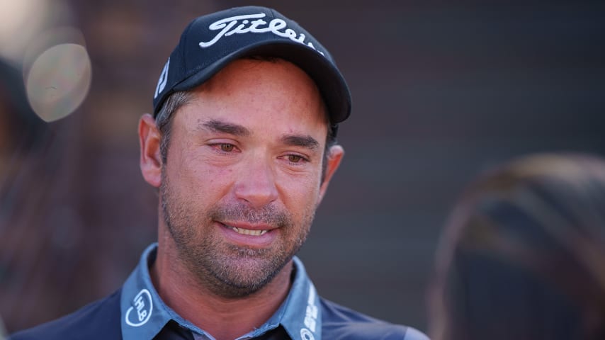 NEWBURGH, INDIANA - OCTOBER 08: Rafael Campos of Puerto Rico talks to media after the final round of the Korn Ferry Tour Championship presented by United Leasing and Finance at Victoria National Golf Club on October 8, 2023 in Newburgh, Indiana. (Photo by Andrew Wevers/PGA TOUR)