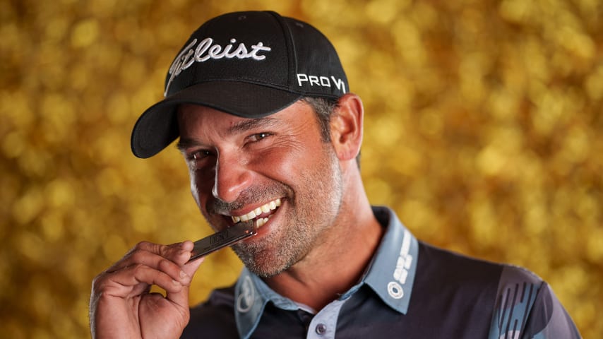 NEWBURGH, INDIANA - OCTOBER 08: Rafael Campos poses for a photo at a studio shoot during the Korn Ferry Tour Championship presented by United Leasing and Finance at Victoria National Golf Club on October 8, 2023 in Newburgh, Indiana. (Photo by Andrew Wevers/PGA TOUR)