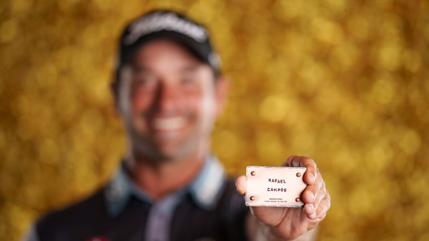 NEWBURGH, INDIANA - OCTOBER 08: Rafael Campos poses for a photo at a studio shoot during the Korn Ferry Tour Championship presented by United Leasing and Finance at Victoria National Golf Club on October 8, 2023 in Newburgh, Indiana. (Photo by Andrew Wevers/PGA TOUR)