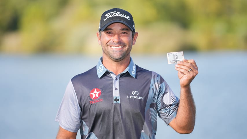 NEWBURGH, INDIANA - OCTOBER 08: Rafael Campos of Puerto Rico poses for a photo with his PGA TOUR card after the final round of the Korn Ferry Tour Championship presented by United Leasing and Finance at Victoria National Golf Club on October 8, 2023 in Newburgh, Indiana. (Photo by Andrew Wevers/PGA TOUR)