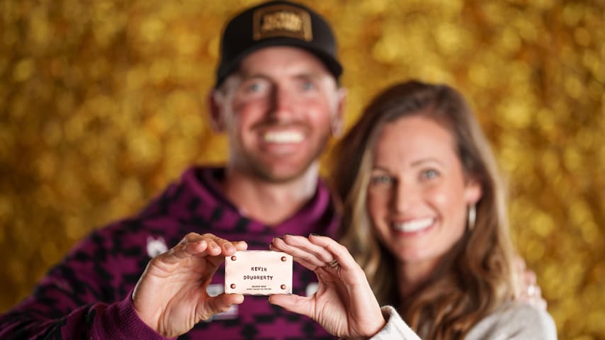 NEWBURGH, INDIANA - OCTOBER 08: Kevin Dougherty poses for a photo at a studio shoot during the Korn Ferry Tour Championship presented by United Leasing and Finance at Victoria National Golf Club on October 8, 2023 in Newburgh, Indiana. (Photo by Andrew Wevers/PGA TOUR)