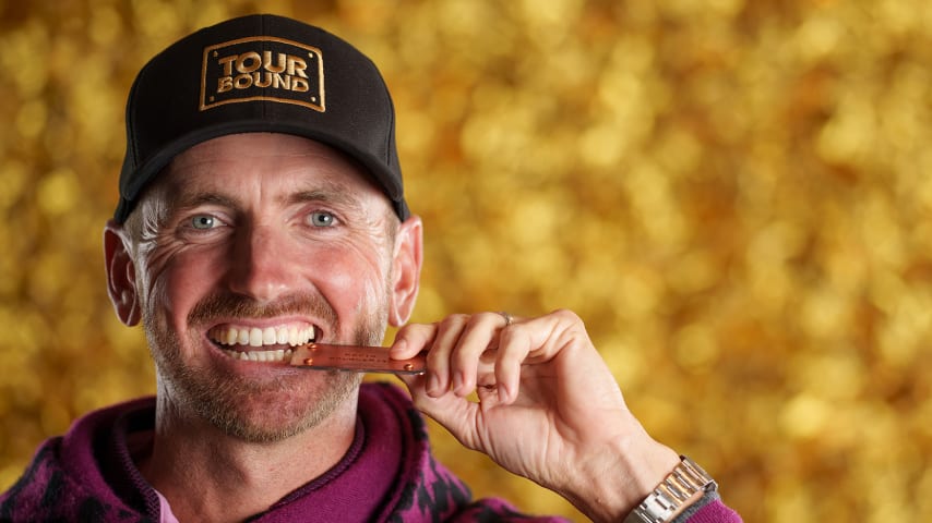 NEWBURGH, INDIANA - OCTOBER 08: Kevin Dougherty poses for a photo at a studio shoot during the Korn Ferry Tour Championship presented by United Leasing and Finance at Victoria National Golf Club on October 8, 2023 in Newburgh, Indiana. (Photo by Andrew Wevers/PGA TOUR)