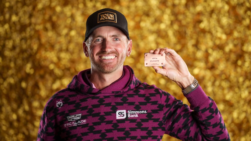 NEWBURGH, INDIANA - OCTOBER 08: Kevin Dougherty poses for a photo at a studio shoot during the Korn Ferry Tour Championship presented by United Leasing and Finance at Victoria National Golf Club on October 8, 2023 in Newburgh, Indiana. (Photo by Andrew Wevers/PGA TOUR)