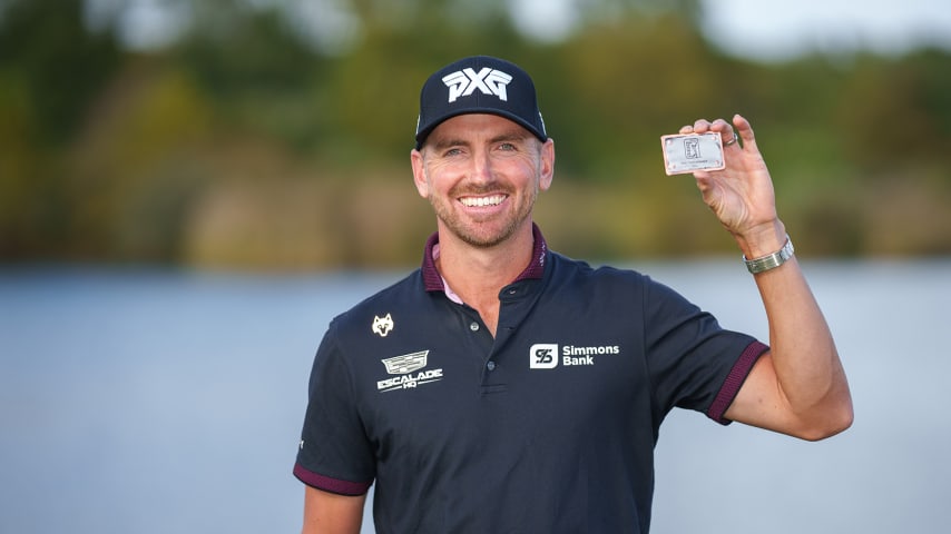 NEWBURGH, INDIANA - OCTOBER 08: Kevin Dougherty of the United States poses for a photo with his PGA TOUR card after the final round of the Korn Ferry Tour Championship presented by United Leasing and Finance at Victoria National Golf Club on October 8, 2023 in Newburgh, Indiana. (Photo by Andrew Wevers/PGA TOUR)