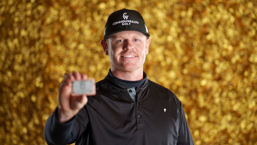 NEWBURGH, INDIANA - OCTOBER 08: Patrick Fishburn poses for a photo at a studio shoot during the Korn Ferry Tour Championship presented by United Leasing and Finance at Victoria National Golf Club on October 8, 2023 in Newburgh, Indiana. (Photo by Andrew Wevers/PGA TOUR)