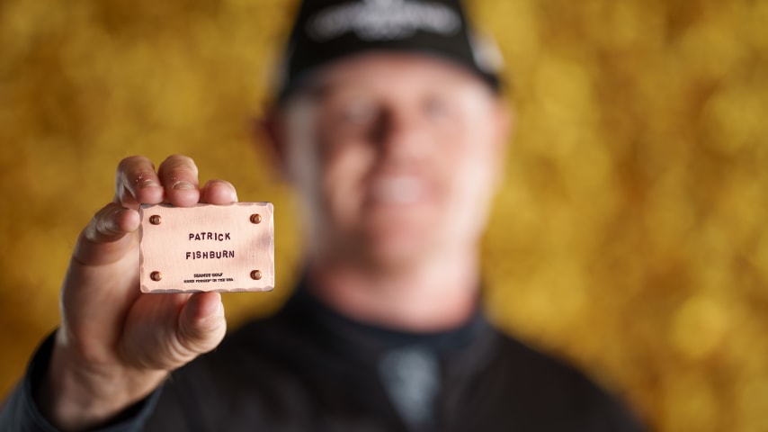 NEWBURGH, INDIANA - OCTOBER 08: Patrick Fishburn poses for a photo at a studio shoot during the Korn Ferry Tour Championship presented by United Leasing and Finance at Victoria National Golf Club on October 8, 2023 in Newburgh, Indiana. (Photo by Andrew Wevers/PGA TOUR)