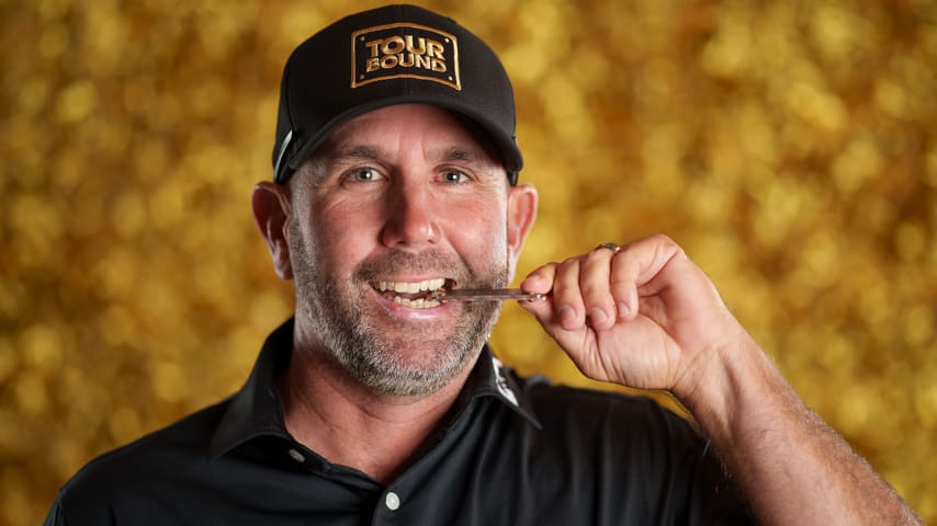 NEWBURGH, INDIANA - OCTOBER 08: Josh Teater poses for a photo at a studio shoot during the Korn Ferry Tour Championship presented by United Leasing and Finance at Victoria National Golf Club on October 8, 2023 in Newburgh, Indiana. (Photo by Andrew Wevers/PGA TOUR)