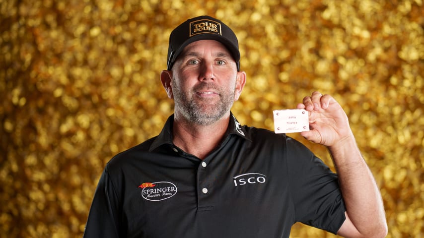 NEWBURGH, INDIANA - OCTOBER 08: Josh Teater poses for a photo at a studio shoot during the Korn Ferry Tour Championship presented by United Leasing and Finance at Victoria National Golf Club on October 8, 2023 in Newburgh, Indiana. (Photo by Andrew Wevers/PGA TOUR)