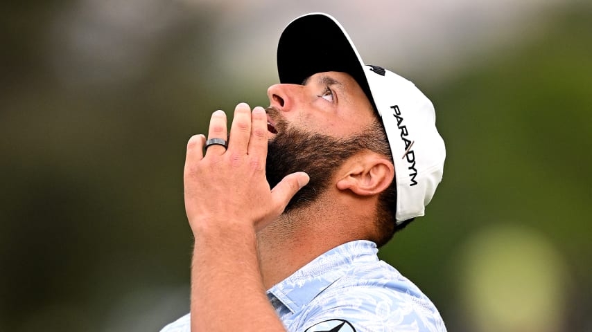 MADRID, SPAIN - OCTOBER 13: Jon Rahm of Spain reacts on the 17th hole on Day Two of the acciona Open de Espana presented by Madrid at Club de Campo Villa de Madrid on October 13, 2023 in Madrid, Spain. (Photo by Stuart Franklin/Getty Images)