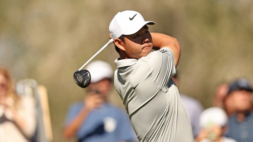 LAS VEGAS, NEVADA - OCTOBER 14: Tom Kim of South Korea plays his shot from the fourth tee during the third round of the Shriners Children's Open at TPC Summerlin on October 14, 2023 in Las Vegas, Nevada. (Photo by Michael Owens/Getty Images)