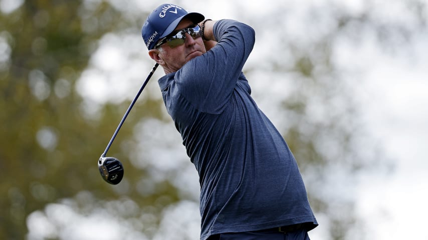 CARY, NORTH CAROLINA - OCTOBER 15: David Duval of the United States hits a tee shot on the second hole during the third round of the SAS Championship at Prestonwood Country Club on October 15, 2023 in Cary, North Carolina. (Photo by Mike Mulholland/Getty Images)