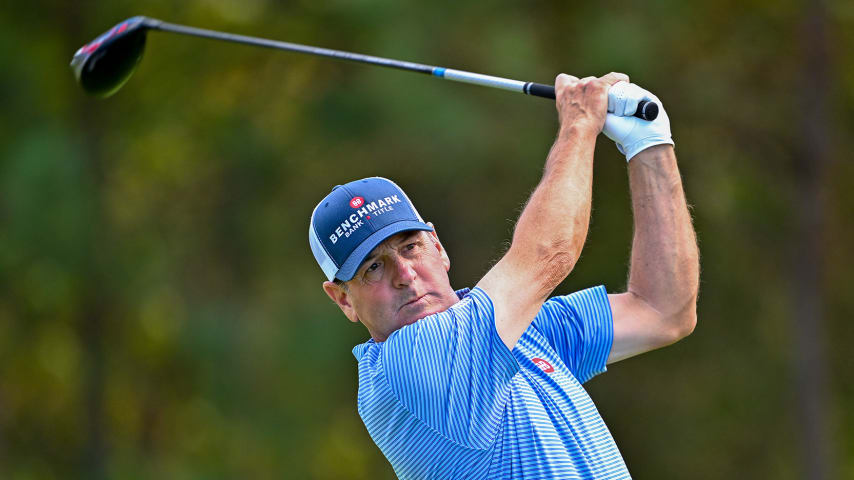 RICHMOND, VIRGINIA - OCTOBER 21: Harrison Frazar tees off on the 6th hole during the second round of the Dominion Energy Charity Classic at The Country Club of Virginia on October 21, 2023 in Richmond, Virginia. (Photo by Grant Halverson/Getty Images)