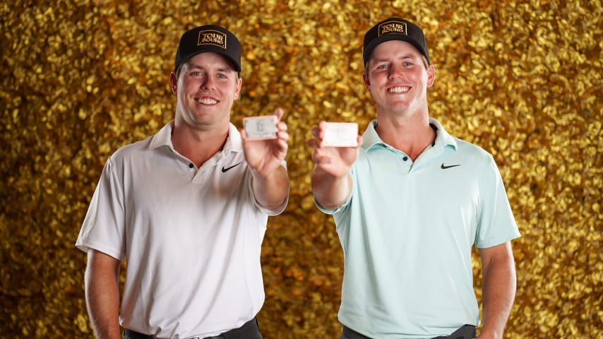 NEWBURGH, INDIANA - OCTOBER 08: Parker Coody poses for a photo at a studio shoot during the Korn Ferry Tour Championship presented by United Leasing and Finance at Victoria National Golf Club on October 8, 2023 in Newburgh, Indiana. (Photo by Andrew Wevers/PGA TOUR)