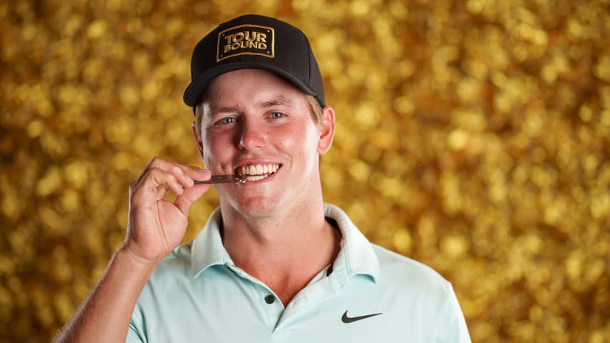 NEWBURGH, INDIANA - OCTOBER 08: Parker Coody poses for a photo at a studio shoot during the Korn Ferry Tour Championship presented by United Leasing and Finance at Victoria National Golf Club on October 8, 2023 in Newburgh, Indiana. (Photo by Andrew Wevers/PGA TOUR)