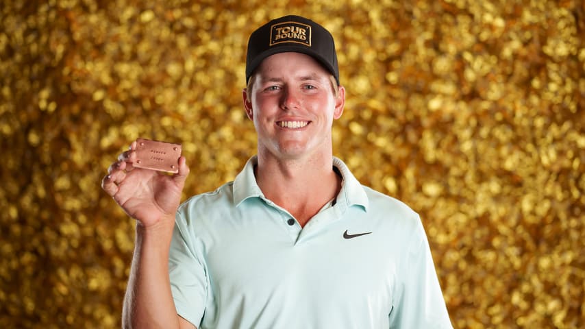 NEWBURGH, INDIANA - OCTOBER 08: Parker Coody poses for a photo at a studio shoot during the Korn Ferry Tour Championship presented by United Leasing and Finance at Victoria National Golf Club on October 8, 2023 in Newburgh, Indiana. (Photo by Andrew Wevers/PGA TOUR)