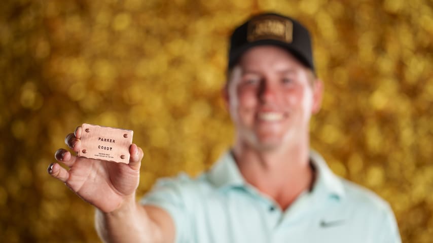 NEWBURGH, INDIANA - OCTOBER 08: Parker Coody poses for a photo at a studio shoot during the Korn Ferry Tour Championship presented by United Leasing and Finance at Victoria National Golf Club on October 8, 2023 in Newburgh, Indiana. (Photo by Andrew Wevers/PGA TOUR)