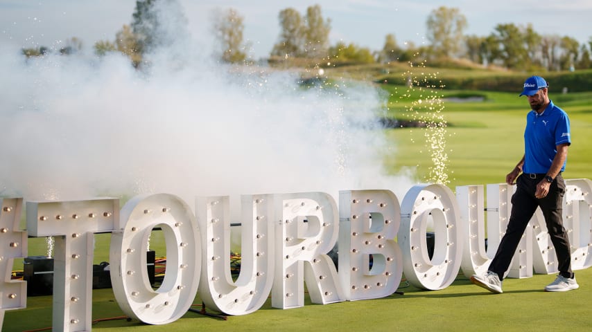 NEWBURGH, INDIANA - OCTOBER 08: Tom Whitney of the United States walks during the TOUR Card ceremony after the final round of the Korn Ferry Tour Championship presented by United Leasing and Finance at Victoria National Golf Club on October 8, 2023 in Newburgh, Indiana. (Photo by Andrew Wevers/PGA TOUR)