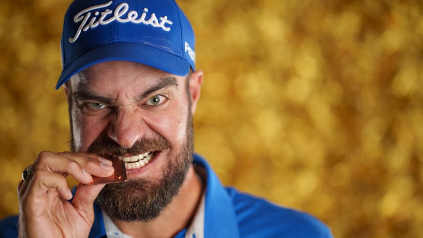 NEWBURGH, INDIANA - OCTOBER 08: Tom Whitney poses for a photo at a studio shoot during the Korn Ferry Tour Championship presented by United Leasing and Finance at Victoria National Golf Club on October 8, 2023 in Newburgh, Indiana. (Photo by Andrew Wevers/PGA TOUR)