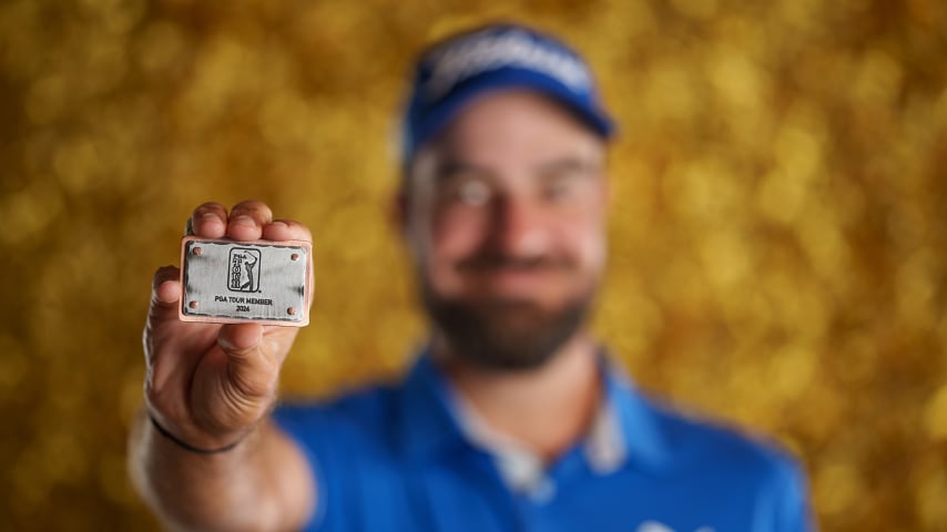 NEWBURGH, INDIANA - OCTOBER 08: Tom Whitney poses for a photo at a studio shoot during the Korn Ferry Tour Championship presented by United Leasing and Finance at Victoria National Golf Club on October 8, 2023 in Newburgh, Indiana. (Photo by Andrew Wevers/PGA TOUR)