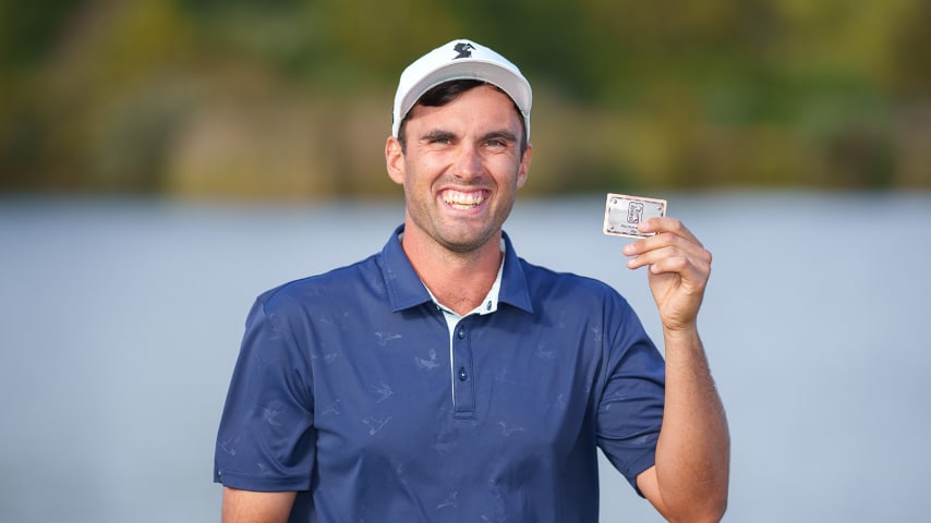 NEWBURGH, INDIANA - OCTOBER 08: Ryan McCormick of the United States poses for a photo with his PGA TOUR card after the final round of the Korn Ferry Tour Championship presented by United Leasing and Finance at Victoria National Golf Club on October 8, 2023 in Newburgh, Indiana. (Photo by Andrew Wevers/PGA TOUR)