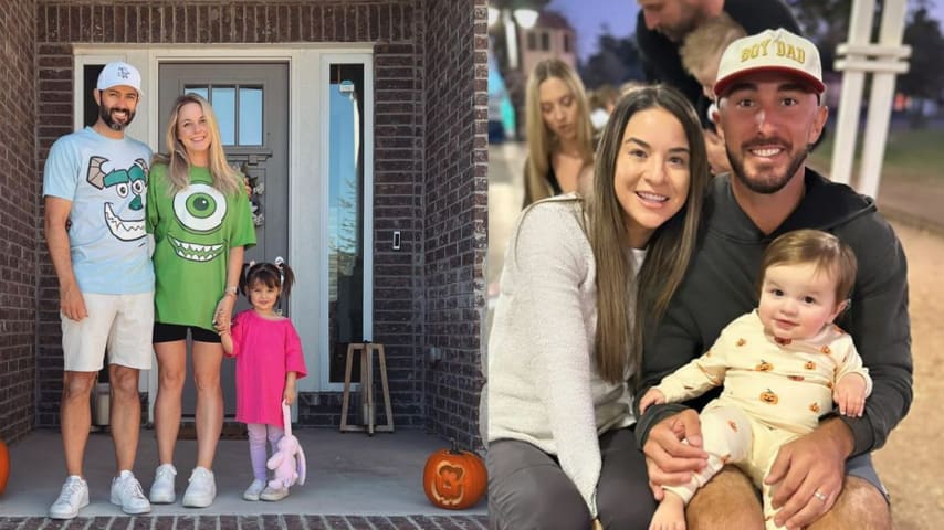 On the left, the Hadwins take on "Monsters, Inc." (Jessica Hadwin/Instagram) On the right, Max and Lacey with their son on Halloween. (Max Homa/Instagram)