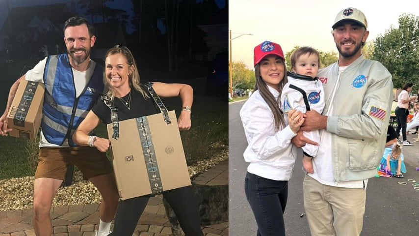 On the left, Billy and Brittany Horschel in costume on Halloween. (Billy Horschel/Instagram) On the right, Max and Lacey Homa with their son Cam on Halloween. (Max Homa/Instagram)