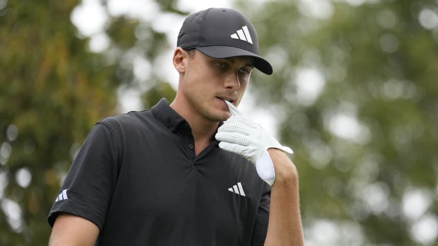 JACKSON, MISSISSIPPI - OCTOBER 06: Ludvig Aberg of Sweden walks off the 15th tee during the second round of the Sanderson Farms Championship at The Country Club of Jackson on October 06, 2023 in Jackson, Mississippi. (Photo by Raj Mehta/Getty Images)