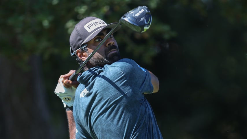 NAPA, CALIFORNIA - SEPTEMBER 17: Sahith Theegala of the United States plays his shot from the fifth tee during the final round of the Fortinet Championship at Silverado Resort and Spa on September 17, 2023 in Napa, California. (Photo by Jed Jacobsohn/Getty Images)