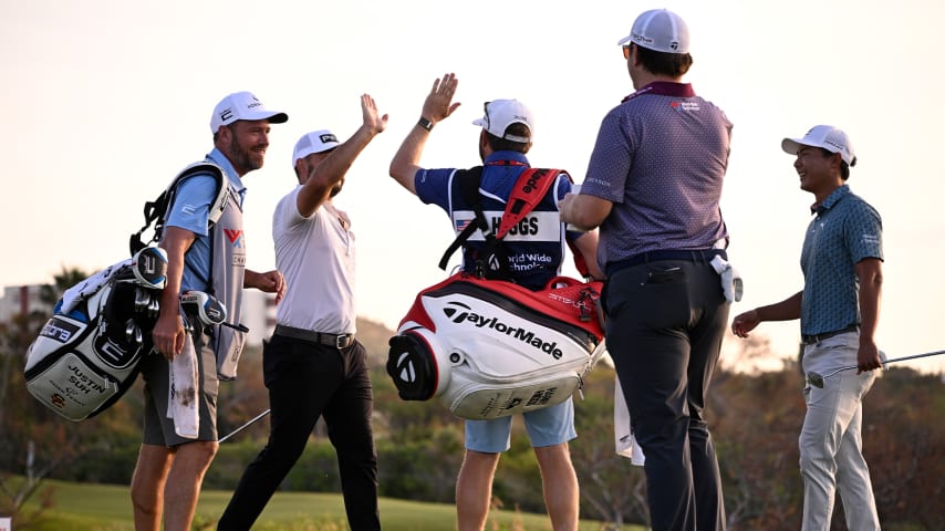 Stephan Jaeger celebrates a hole in one on the 11th hole during the first round of the World Wide Technology Championship. (Orlando Ramirez/Getty Images)