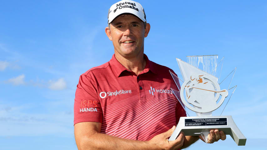 BOCA RATON, FLORIDA - NOVEMBER 05: Padraig Harrington poses with the trophy after winning the TimberTech Championship at The Old Course at Broken Sound on November 05, 2023 in Boca Raton, Florida. (Photo by Sam Greenwood/Getty Images)