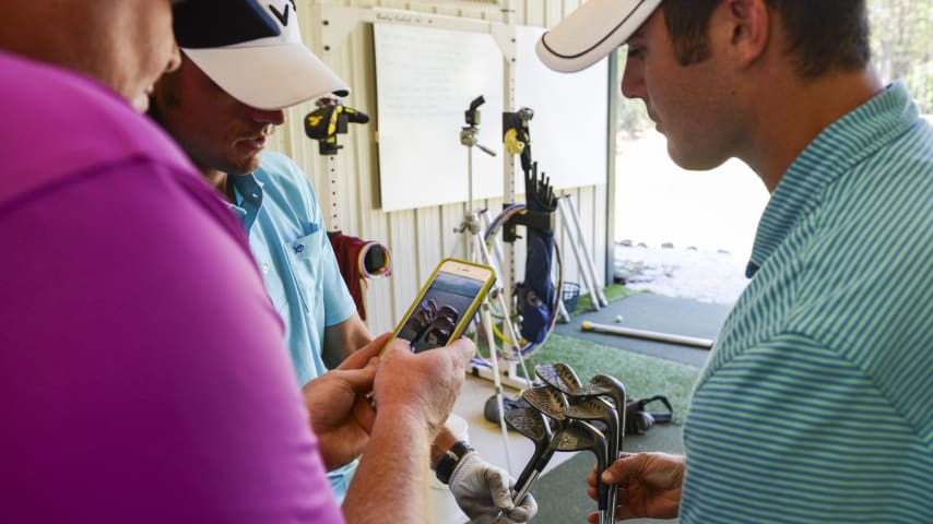 CHAPIN, SC - MAY 24:  George and Wesley Bryan display their customized wedges for their Snapchat story at George Bryan Golf Academy on May 24, 2016 in Chapin, South Carolina. (Photo by Keyur Khamar/PGA TOUR)