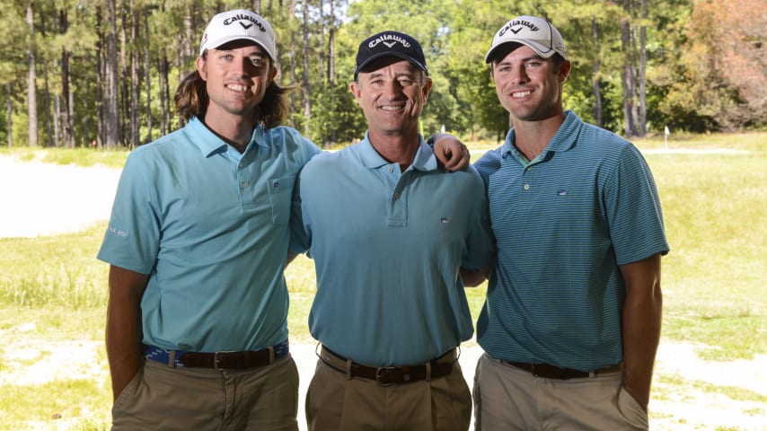 CHAPIN, SC - MAY 24:  (L-R) George Bryan IV, George Bryan Sr. and Wesley Bryan pose for a portrait at George Bryan Golf Academy on May 24, 2016 in Chapin, South Carolina. (Photo by Keyur Khamar/PGA TOUR)